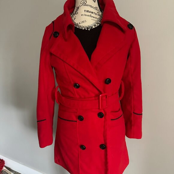 RED DOUBLE BREASTED WOOL PEACOAT - Picture 2 of 4